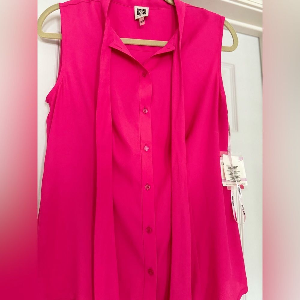 NWT Anne Klein Sleeveless Neck Tie Bright Pink Button Down Blouse Sz 6 - Picture 3 of 9